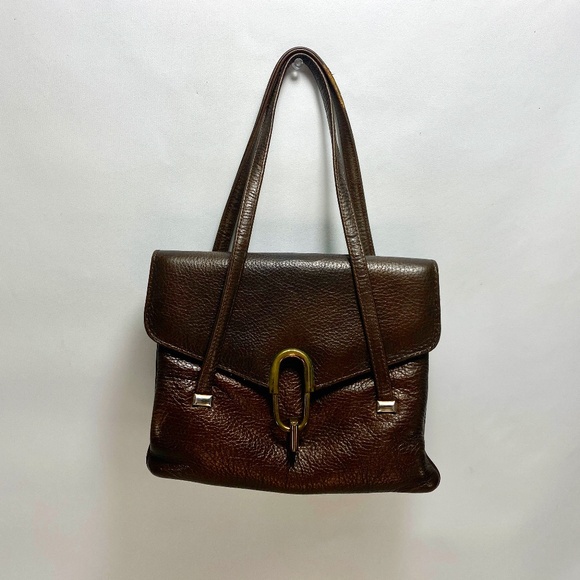 Vintage 50s Margolin Brown Leather Handbag Three Compartments Double Handles - Picture 1 of 11